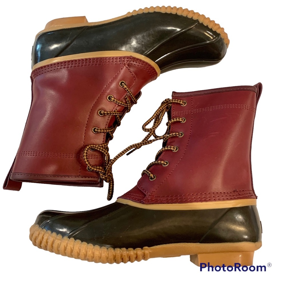 Women's Leather & Rubber Lace Up Winter Duck Boots Waterproof Black & Red Size 8